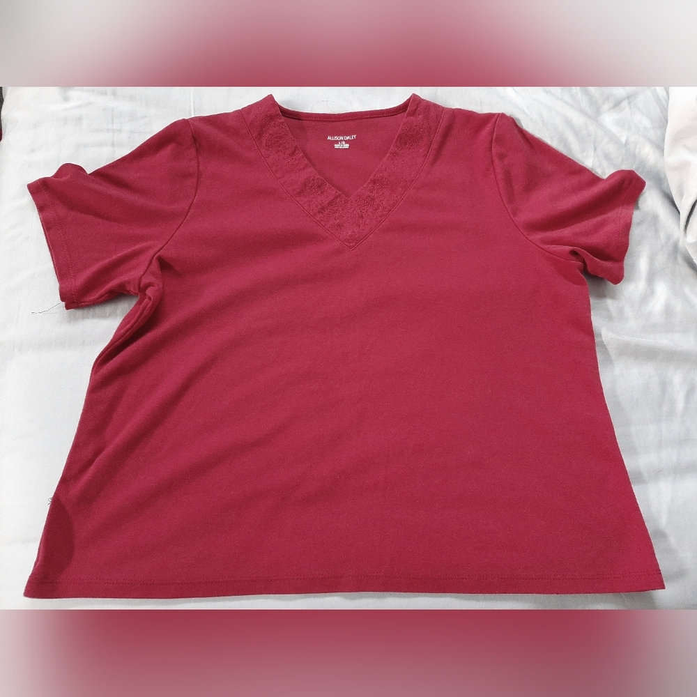 Alison Daley Deep Red V Neck Embroidered Short Sleeve Top Size L